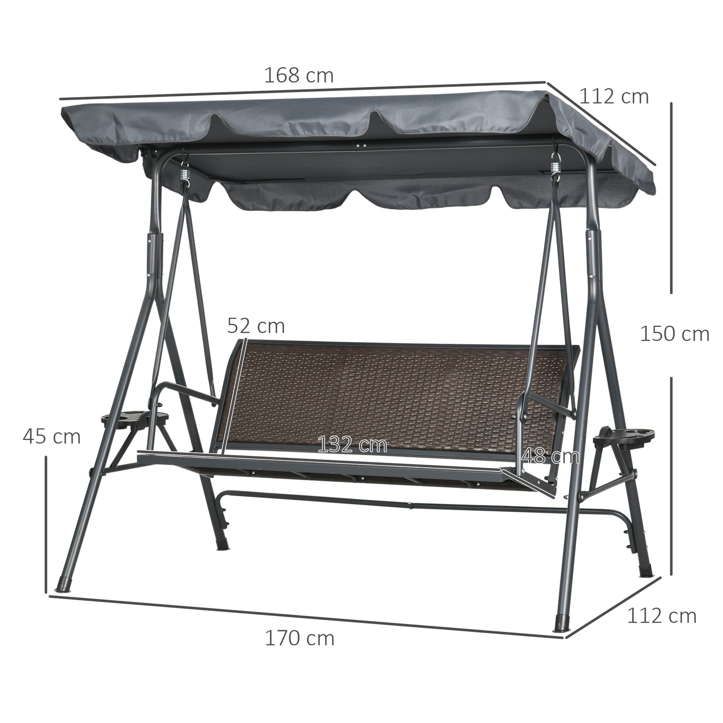 3 Seater Swing Chair, Garden Swing Seat Bench with Adjustable Canopy, Rattan Seat and Steel Frame for Patio, Yard, Dark Grey