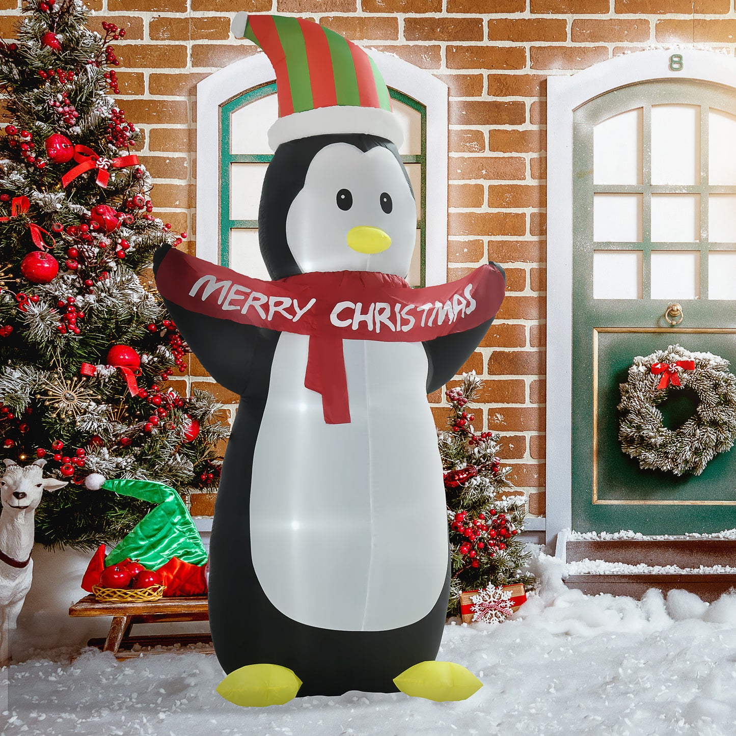 8ft Inflatable Penguin & Christmas Banner Decoration Indoor Outdoor Weather-Resistant Shell Fun Cute