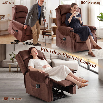 Power Lift Recliner with Vibration Massage and Heat, Lift Chair for Tall with Wood Grip, Pocket Spring, Brown
