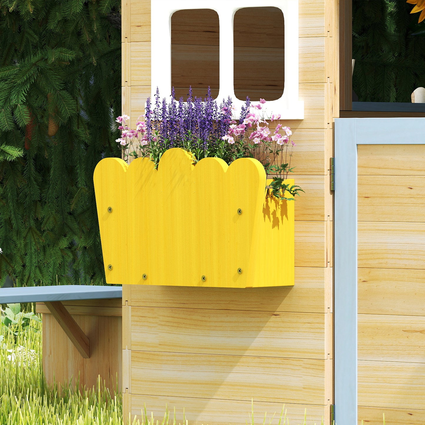 Wooden Playhouse, Wendy House with Door, Bench, Flowerpot Holder, for Ages 3-7 Years, Blue
