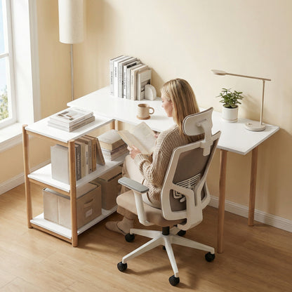 Computer Desk with Storage Shelves Modern Writing Desk Bamboo Frame for Home Office 150 cm White and Oak