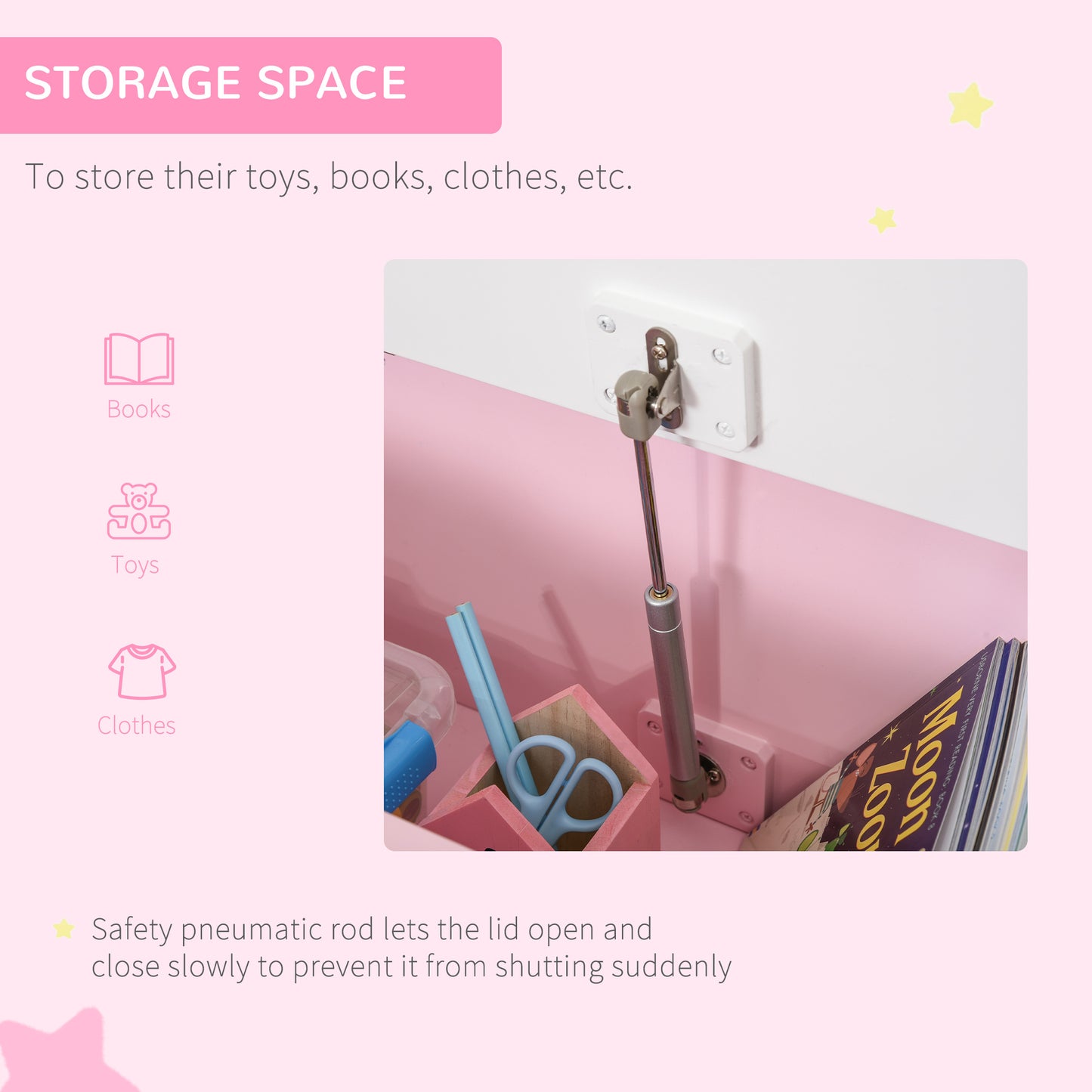 2 In 1 Wooden Toy Box, Seat Storage Bench, Storage Chest Cabinet Organiser with Safety Pneumatic Rod, Pink