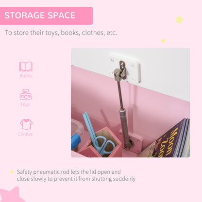 2 In 1 Wooden Toy Box, Seat Storage Bench, Storage Chest Cabinet Organiser with Safety Pneumatic Rod, Pink