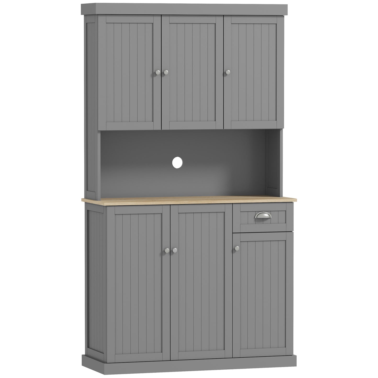 180cm Freestanding Kitchen Cabinet, Modern Storage Cupboard with Open Countertop, Drawer and 6 Doors, Grey