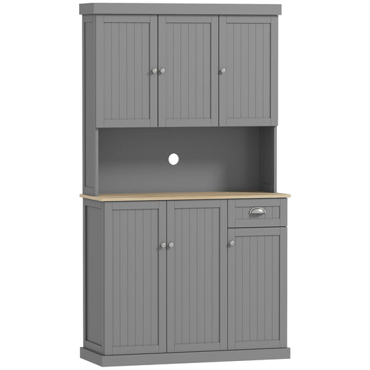 180cm Freestanding Kitchen Cabinet, Modern Storage Cupboard with Open Countertop, Drawer and 6 Doors, Grey