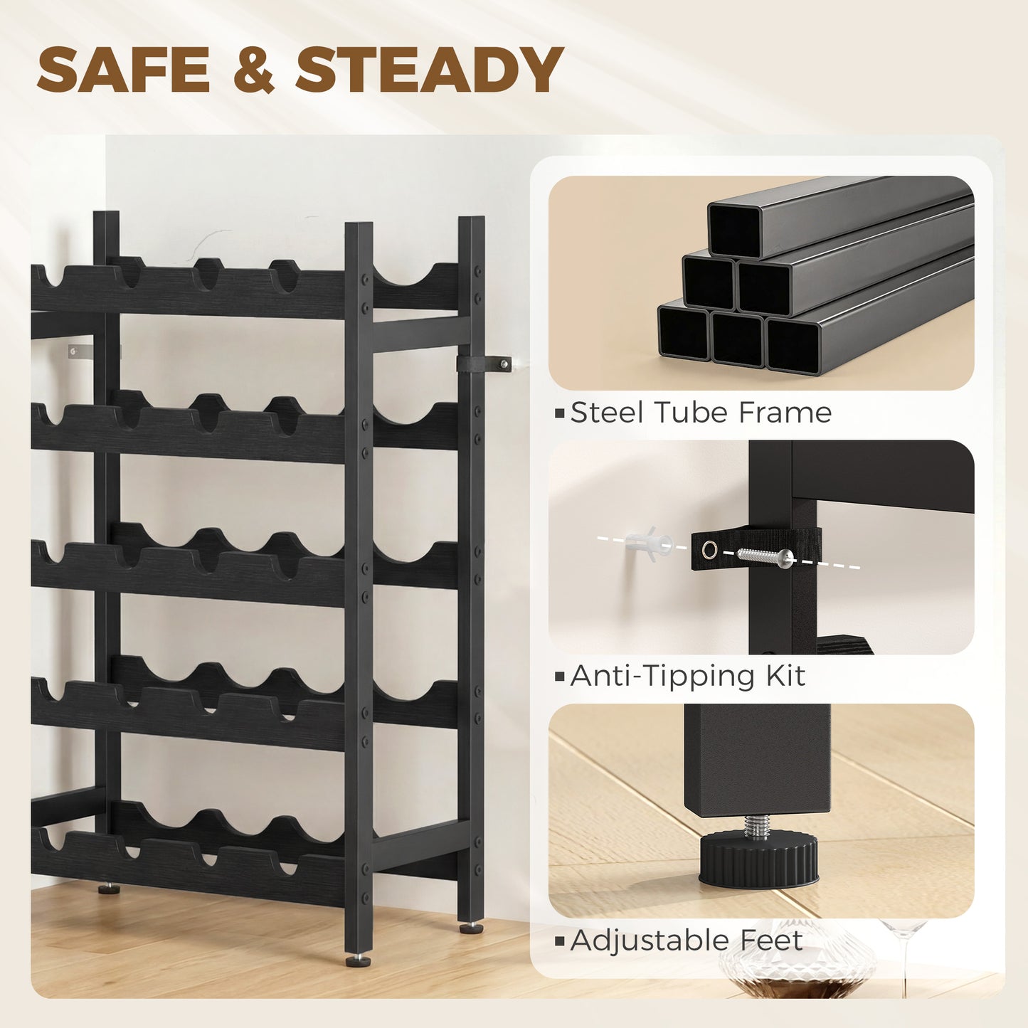 Wine Rack Freestanding Industrial Liquor Cabinet 5-Tier 20 Bottles Bar Stand with Adjustable Feet, Black
