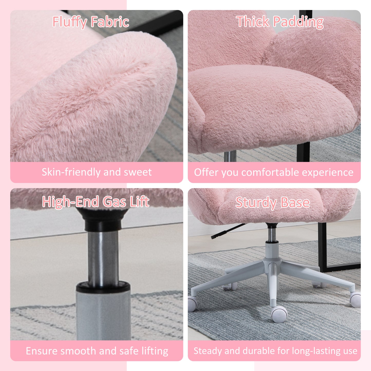 Makeup Vanity Chair, Cute Fluffy Desk Chair with Rolling Wheels for Bedroom Living Room, Pink