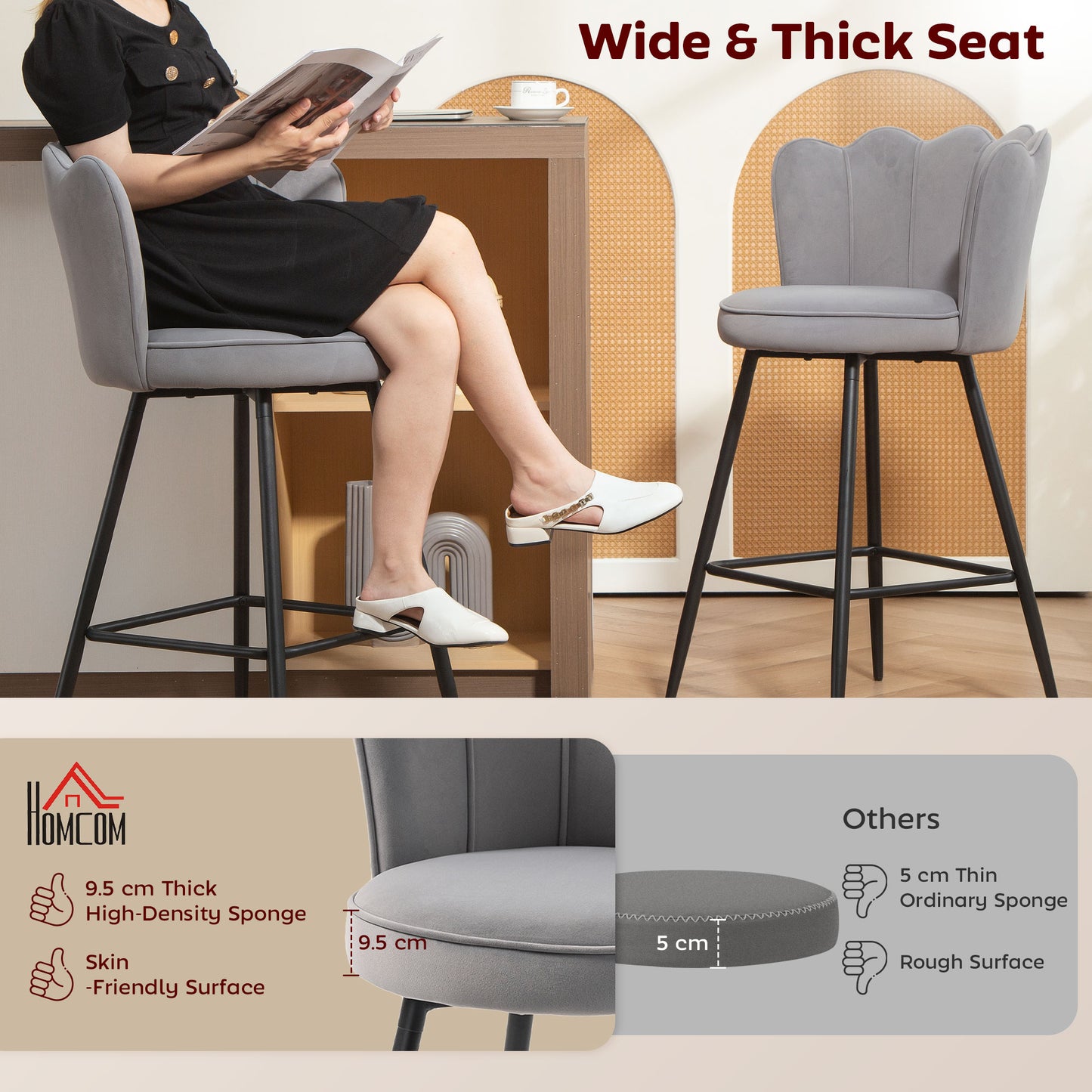 Set of Two Velvet-Feel Lotus Bar Stools - Grey