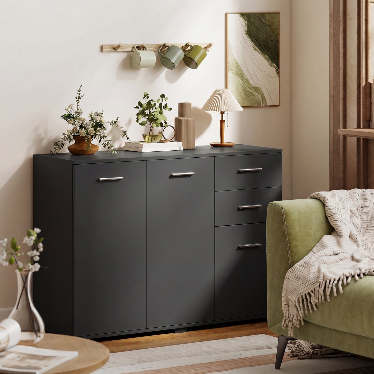 Sideboard, Modern Storage Cabinet with 2 Drawers, 3 Doors and Adjustable Shelves, Black
