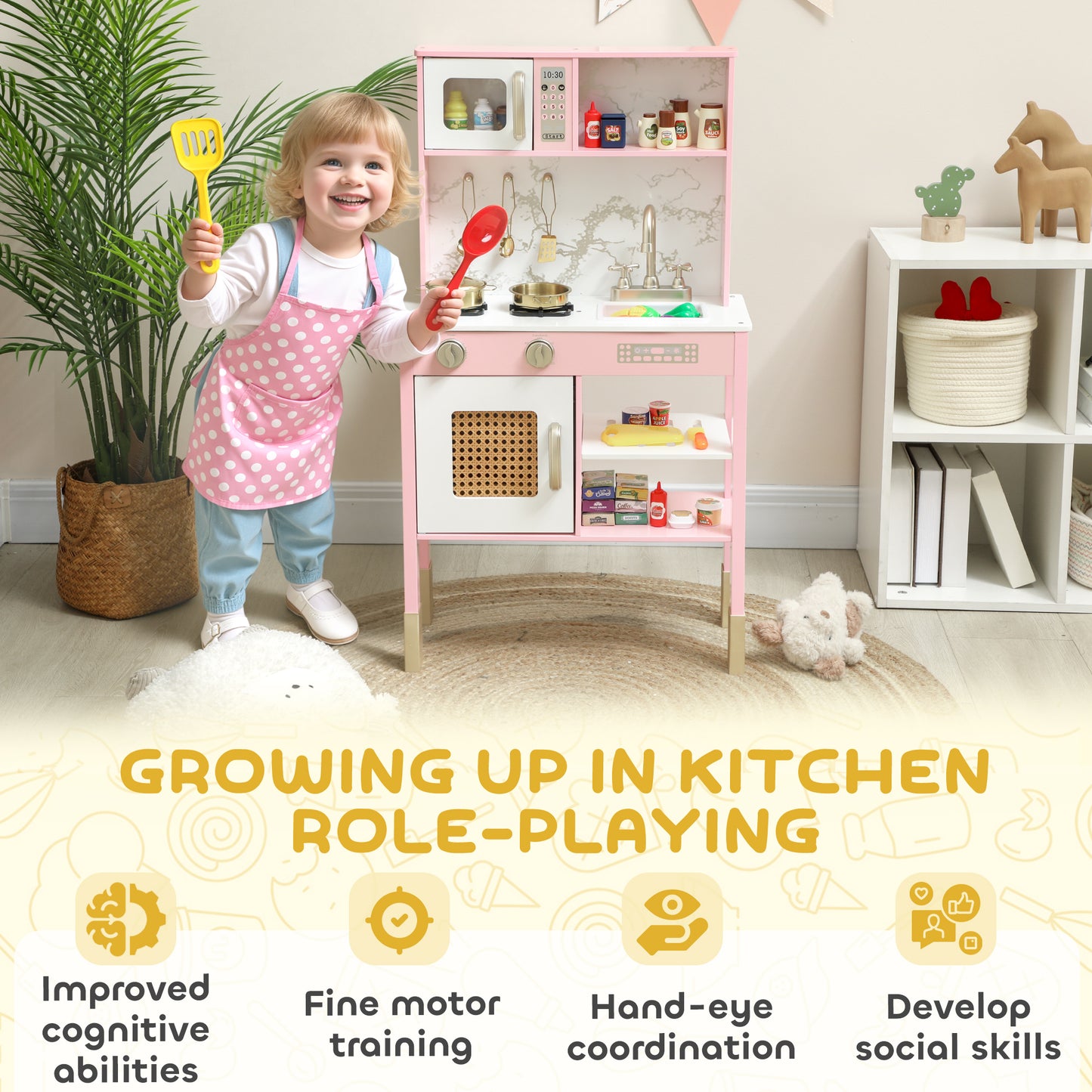 Kitchen Playset with Pretend Play Cooking Accessories, Play Kitchen with Oven, Microwave and Sink, Pink