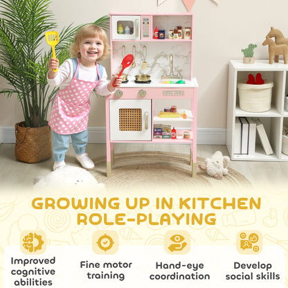 Kitchen Playset with Pretend Play Cooking Accessories, Play Kitchen with Oven, Microwave and Sink, Pink