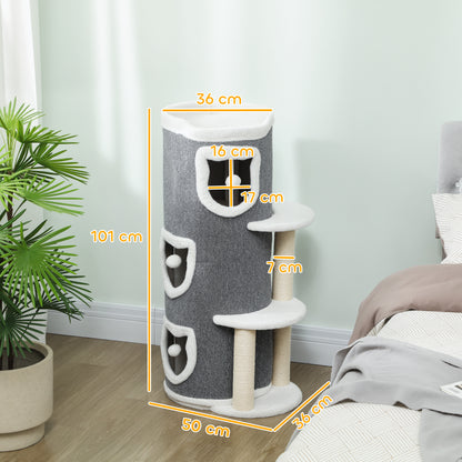 101 cm Cat Tree with Sisal Scratching Posts, 3 Barrel Condos, 3 Platforms, for Indoor Cats to Rest and Play