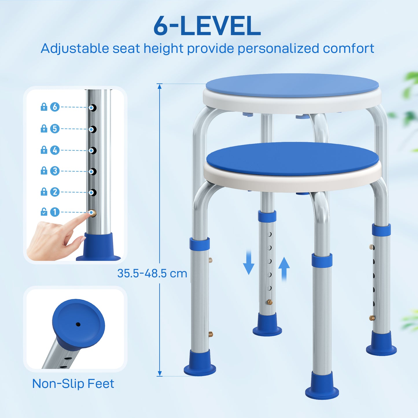 360° Swivel Shower Chair, Height Adjustable Aluminium Shower Stool with Non-Slip Feet for Disabled, Elderly, Blue