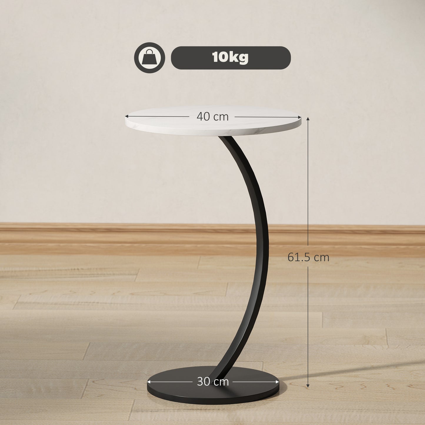 C Shaped Side Table, Round Bedside Table with Marble Effect Top