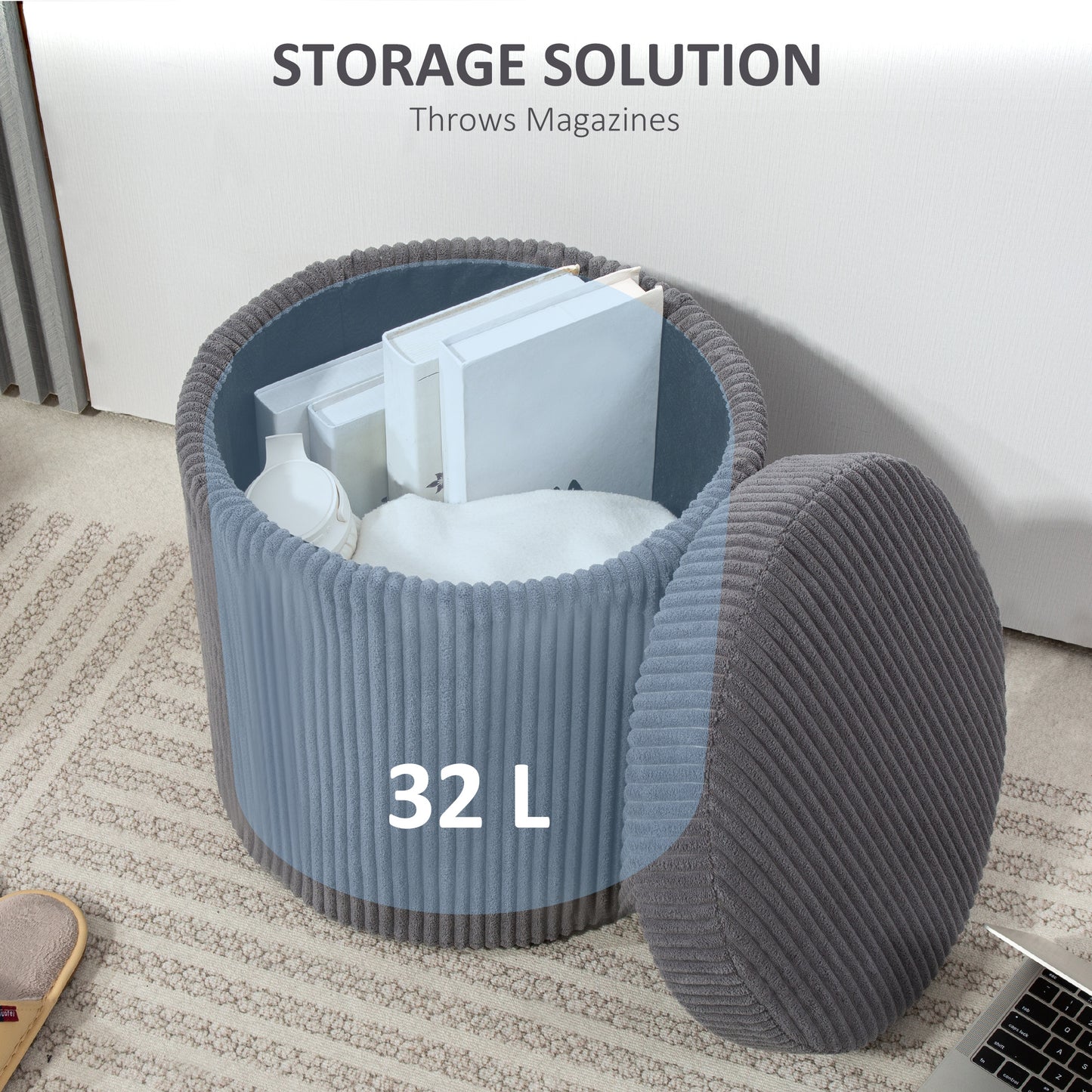 40cm Round Storage Ottoman, Corduroy Footstool with Removable Lid and Legs, Vanity Stool for Living Room, Bedroom, Grey