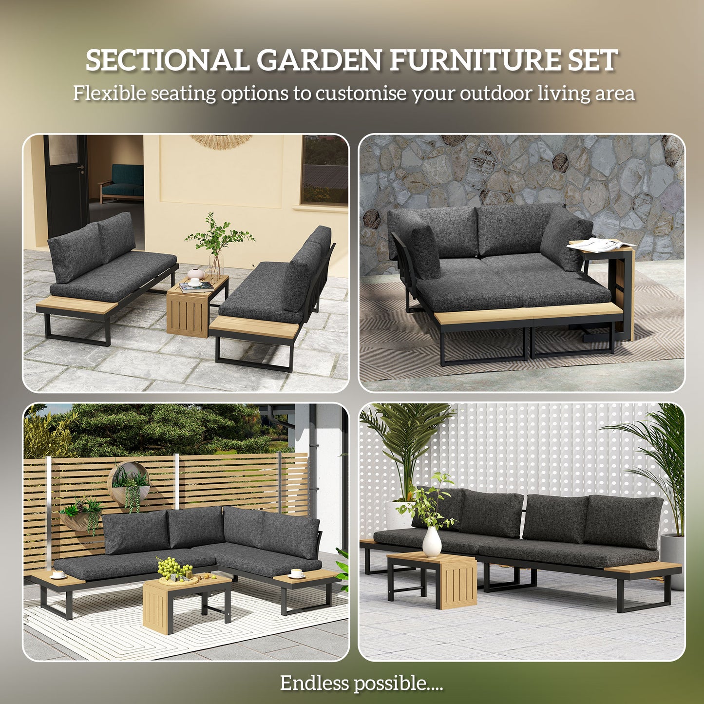 4 Seater L Shaped Aluminium Sectional Garden Furniture Set with 2 Loveseats and Wood-Plastic Coffee Table - Natural Wood