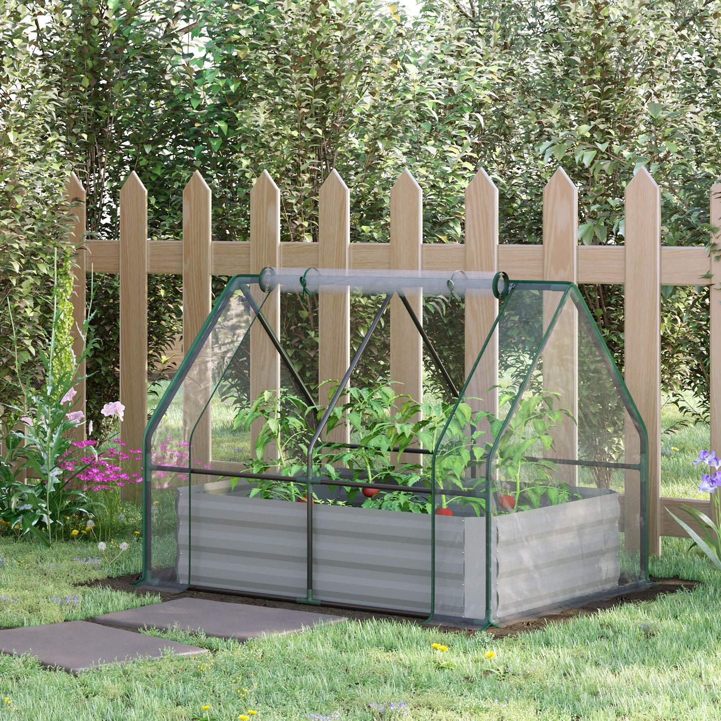 Raised Garden Bed with Greenhouse, Steel Planter Box with Plastic Cover, Roll Up Window, Dual Use for Flowers, Vegetables