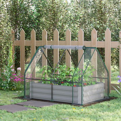 Raised Garden Bed with Greenhouse, Steel Planter Box with Plastic Cover, Roll Up Window, Dual Use for Flowers, Vegetables