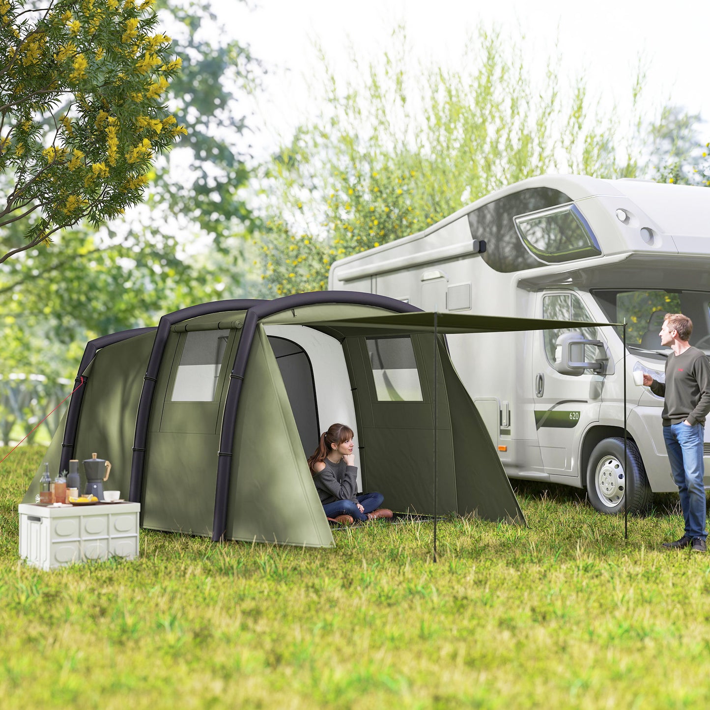 Inflatable 3-4 Man Tunnel Tent w/ Air Pump, Living Area & Vestibule, Waterproof Family Camping Air Tent, Sewn In Groundsheet