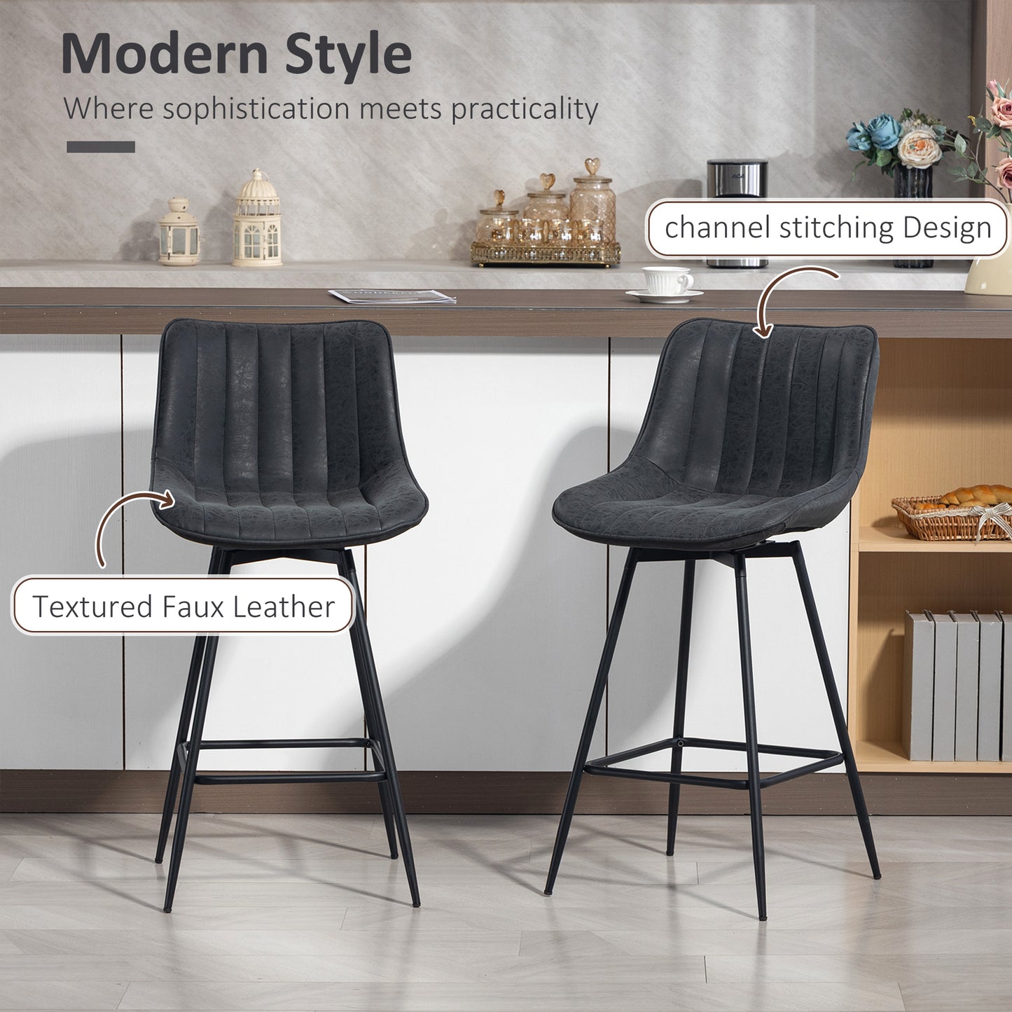 Set of 2 PU Leather Swivel Bar Stools - Black