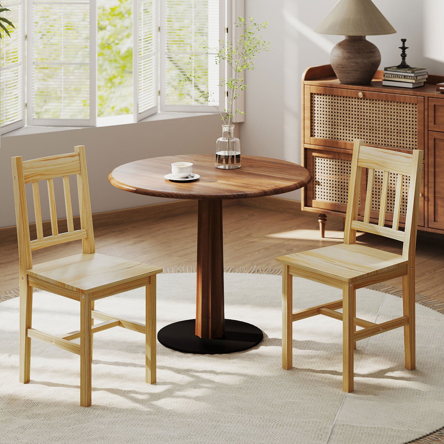 Dining Chairs Set of 2, Kitchen Chair with Slat Back, Pine Wood Structure for Living Room and Dining Room, Natural