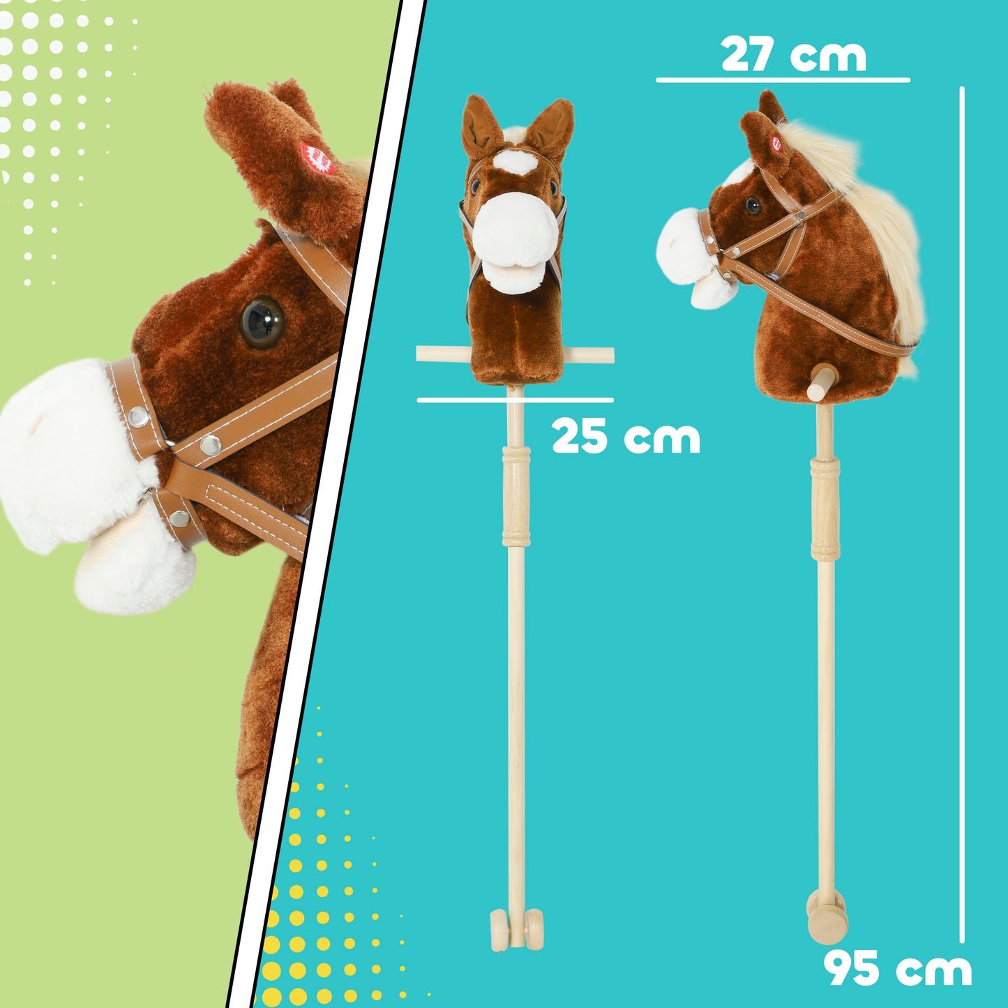 Stick Horse with Wood Wheels, Real Pony Neighing and Galloping Sounds, Grip Handle, 95 cm, Brown
