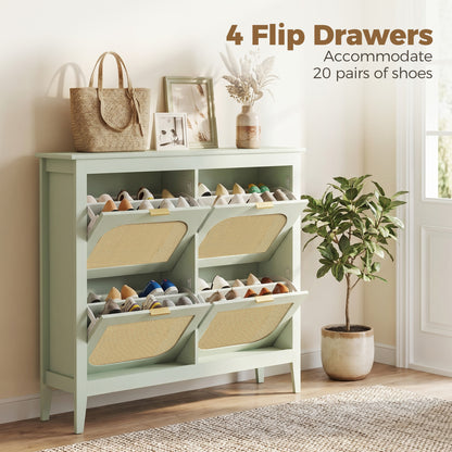 Narrow Shoe Cabinet, Boho Slim Shoe Storage Cabinet with 4 Flip Drawers, Holds 20 Pairs, Light Green