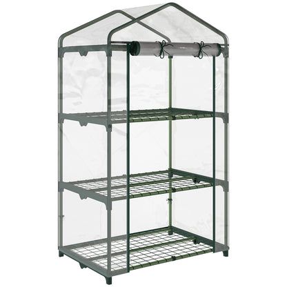 3 Tier Mini Greenhouse Portable Garden Grow House with Roll Up Door and Wire Shelves, 69L x 49W x 125H cm, Clear