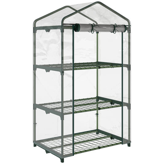 3 Tier Mini Greenhouse Portable Garden Grow House with Roll Up Door and Wire Shelves, 69L x 49W x 125H cm, Clear