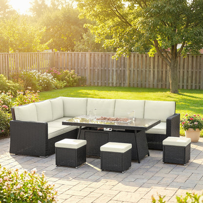 7 Pieces PE Rattan Garden Furniture Set, 50,000 BTU Gas Fire Pit Table, Double Corner Sofa and 3 Footstools