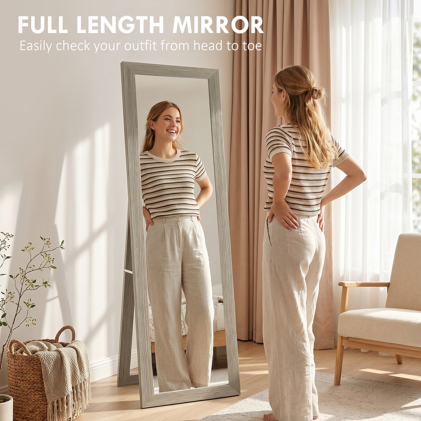 Full Length Mirror, 37 x 157 cm, Hanging or Freestanding, Rectangular Full Body Mirror for Living Room, Bedroom, Grey