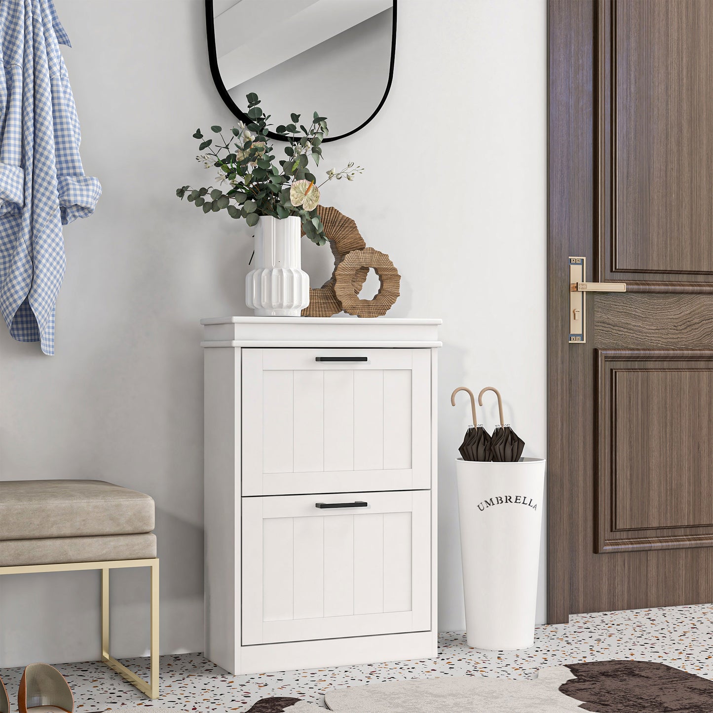 Two-Drawer Minimalistic 10-Shoe Cabinet - White