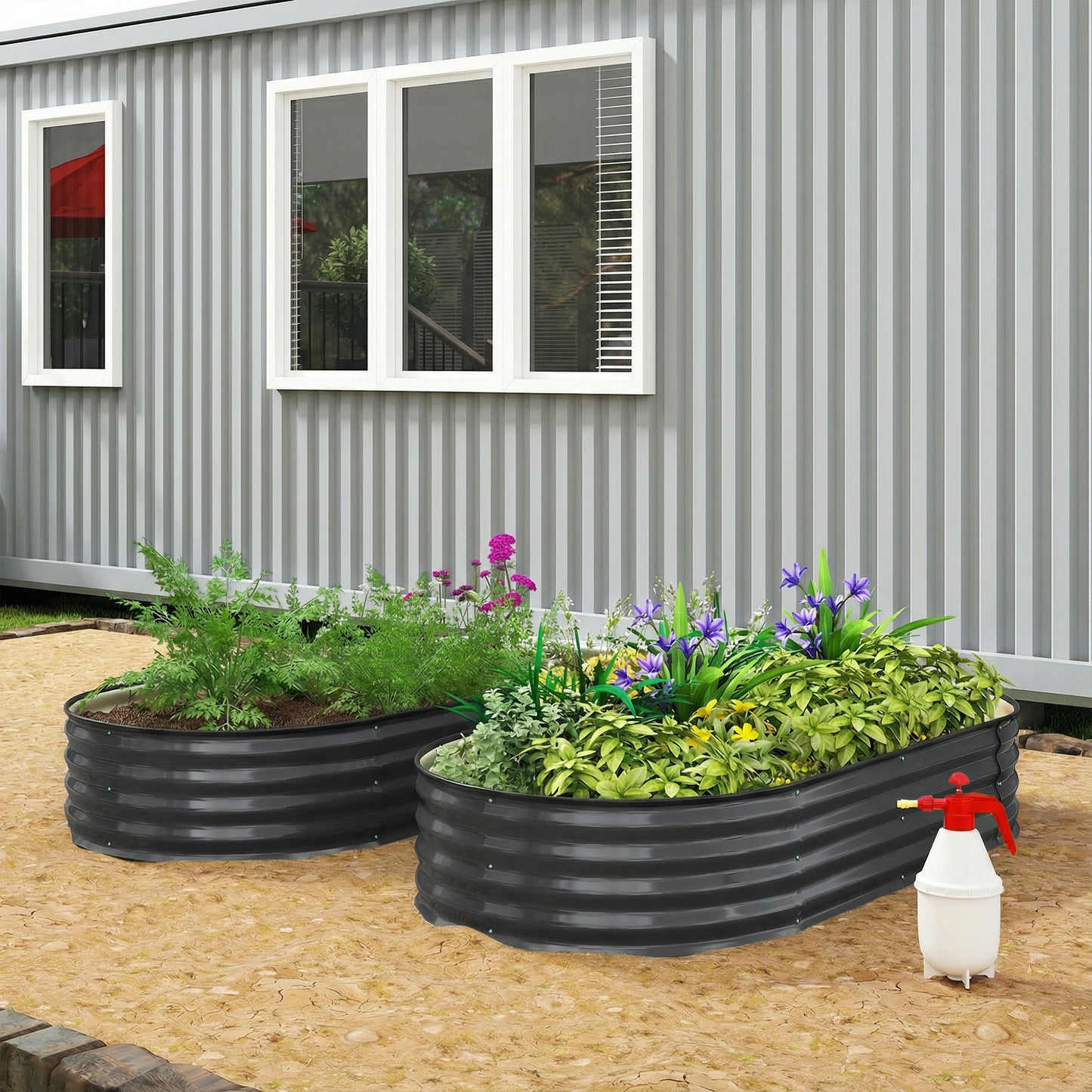Galvanised Raised Garden Bed, Metal Planter Box with Safety Edging, for Flowers, Herbs, Succulents, Dark Grey