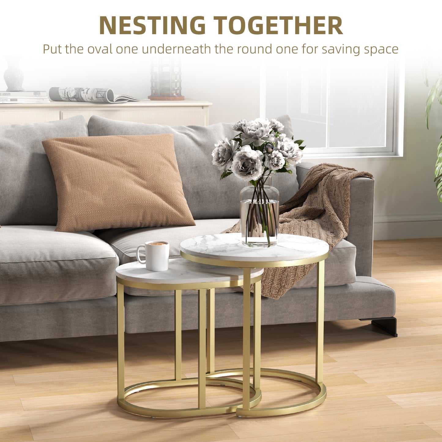 Nest of Tables with Steel Frame and Faux Marble Tabletop, Modern Coffee Table Set of 2, Gold Tone/White