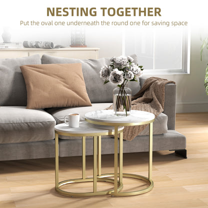 Nest of Tables with Steel Frame and Faux Marble Tabletop, Modern Coffee Table Set of 2, Gold Tone/White