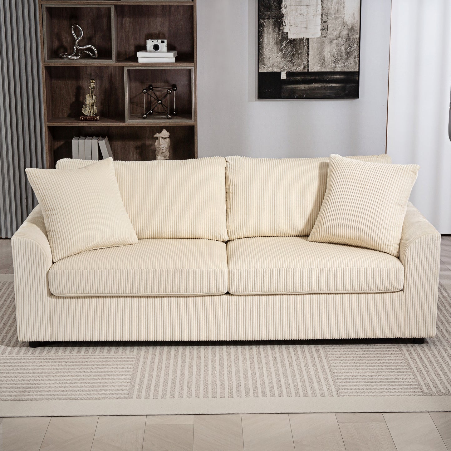 3 Seater Sofa, 212cm Corduroy Couch with Spring Cushion, Wide and Deep Seat, Plush Backrest, 2 Pillows