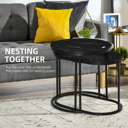 Nest of Tables with Steel Frame and Faux Marble Tabletop, Modern Coffee Table Set of 2, Black/White