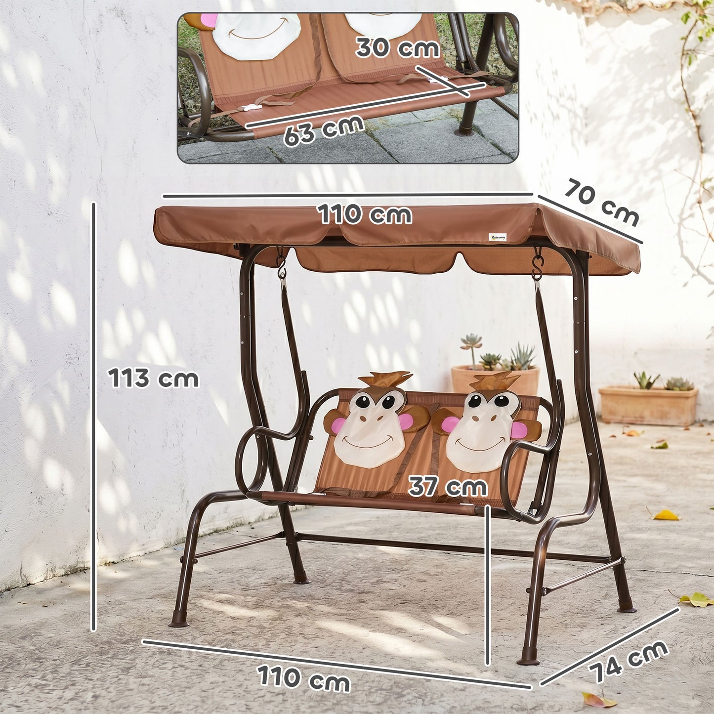 2 Seater Kids Garden Swing Seat, Children Outdoor Patio Lounge Chair for Gardens w/ Adjustable Awning, Seatbelt