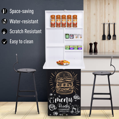 Folding Wall-Mounted Drop-Leaf Table, Convertible Wall Table With Chalkboard and Storage Shelf
