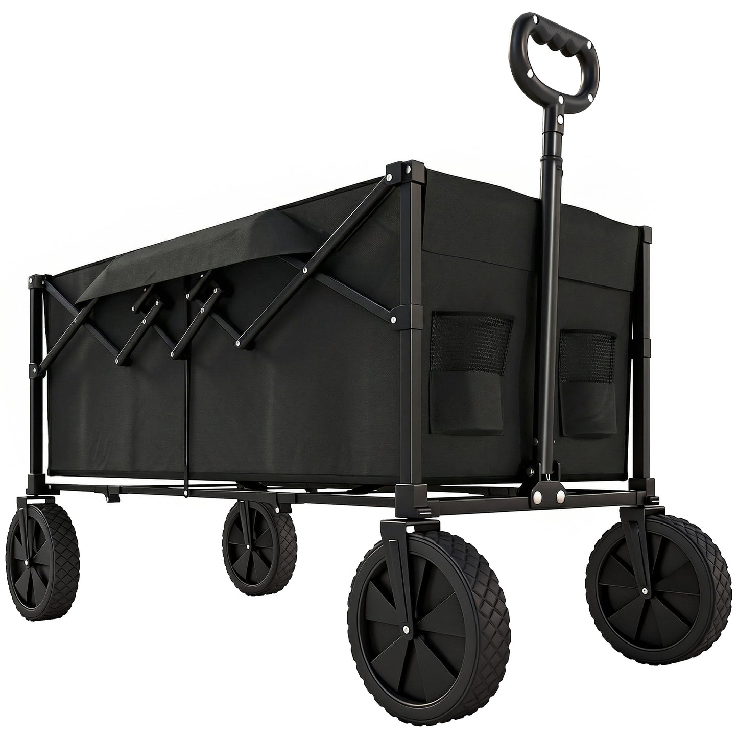 95L Foldable Festival Trolley on Wheels, Collapsible Wagon Cart with Adjustable Handle and 2 Cup Holders, Black
