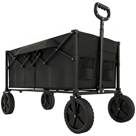 95L Foldable Festival Trolley on Wheels, Collapsible Wagon Cart with Adjustable Handle and 2 Cup Holders, Black