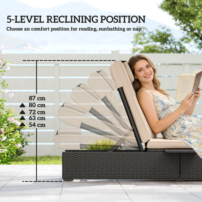 Rattan Sun Lounger with 5-Level Reclining Back Side Tray and Cushion, Black