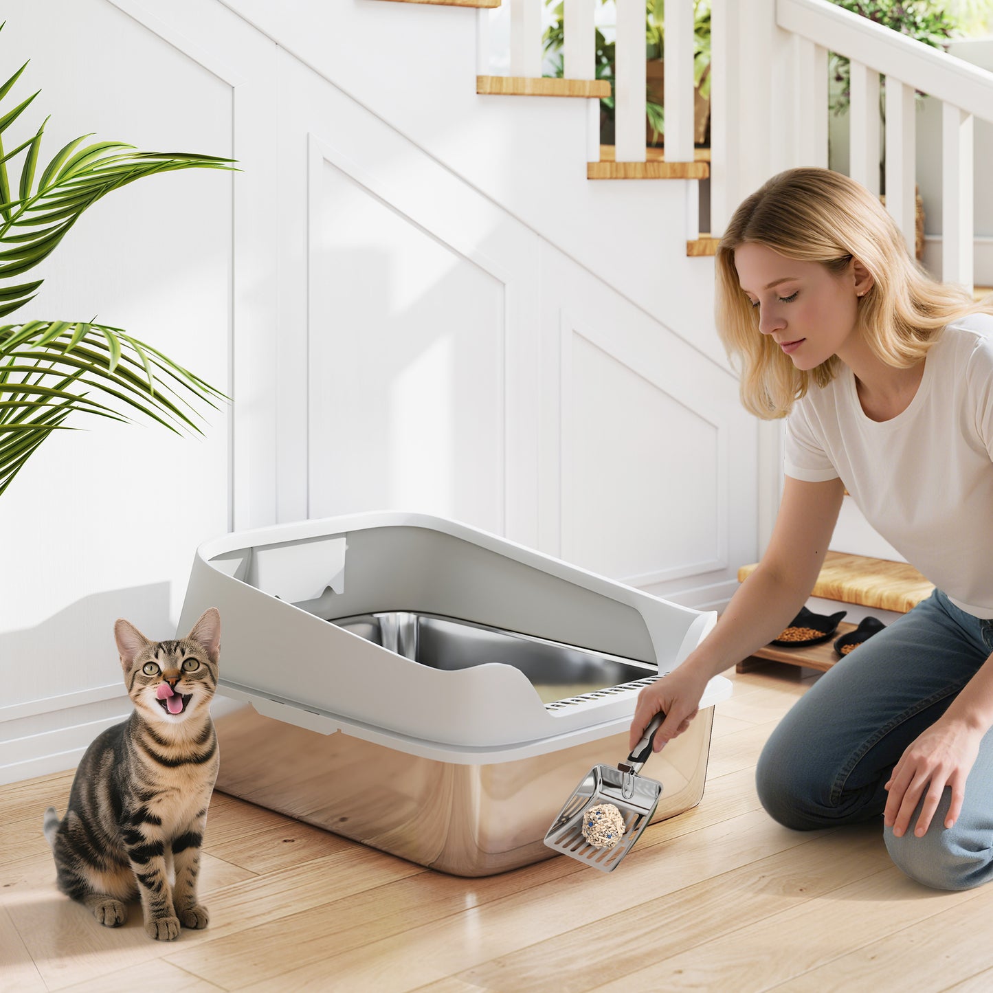 XXL Stainless Steel Cat Litter Box with High Sides, Metal Scoop, 70 x 50 x 30 cm