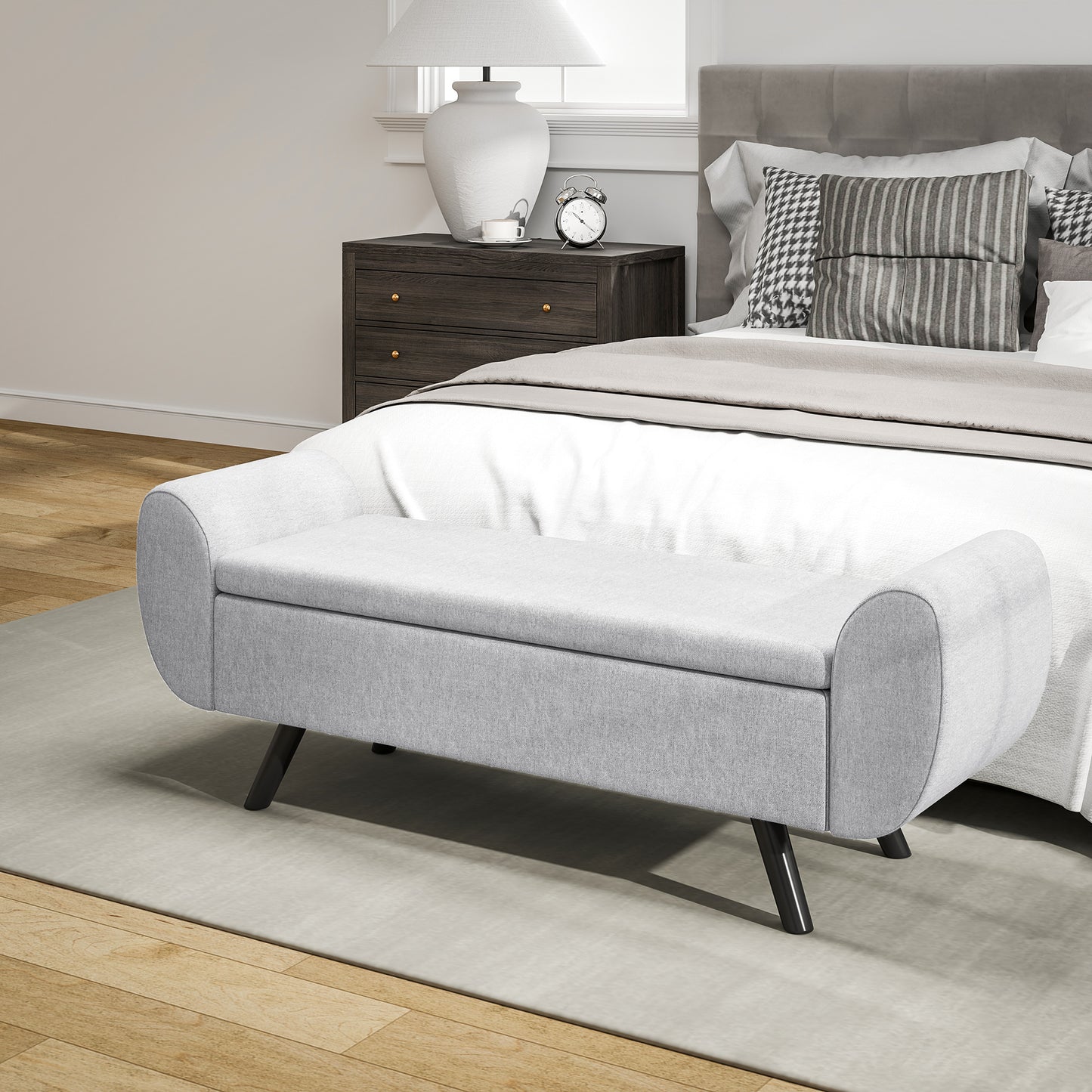 Storage Ottoman with Armrest, Window Seat, Upholstered Linen Storage Bench with Rubberwood Legs