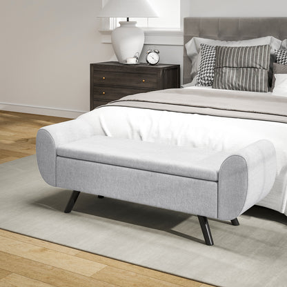 Storage Ottoman with Armrest, Window Seat, Upholstered Linen Storage Bench with Rubberwood Legs