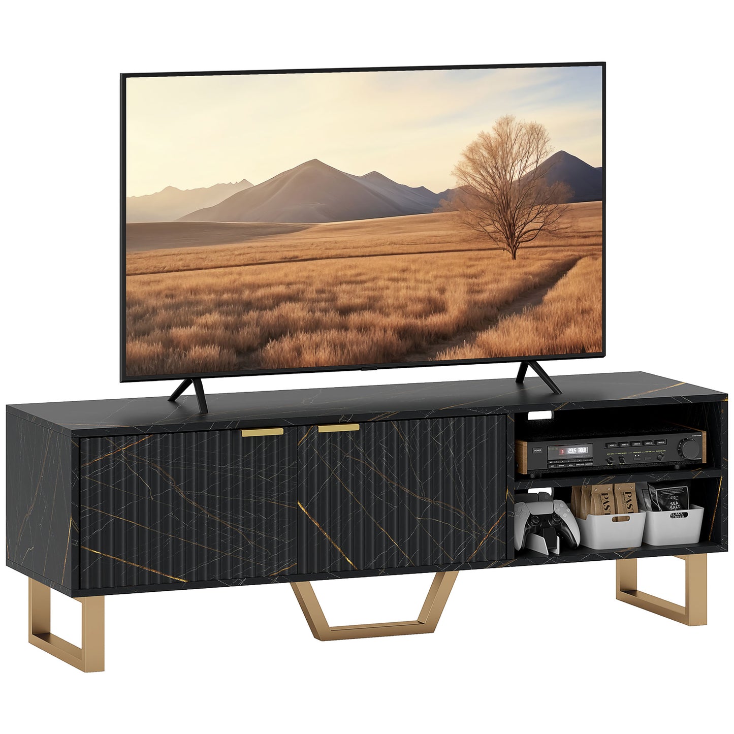 Marble Effect TV Unit, Modern TV Stand Cabinet for up to 70" TVs, with Shelves and Storage Cupboard, Fluted Door