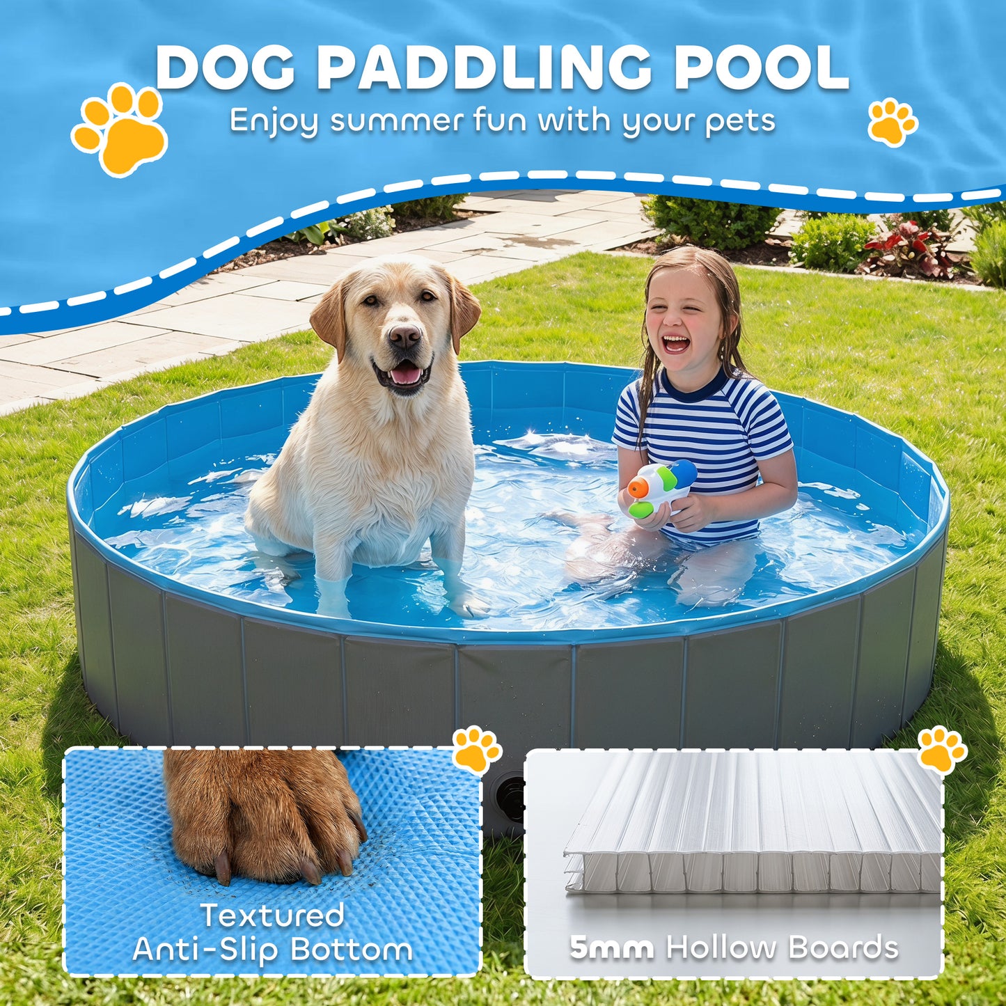 Foldable Dog Pool for Puppies and Ducks Dog Paddling Pool Bath Tub, Dark Grey, 160 x 30cm