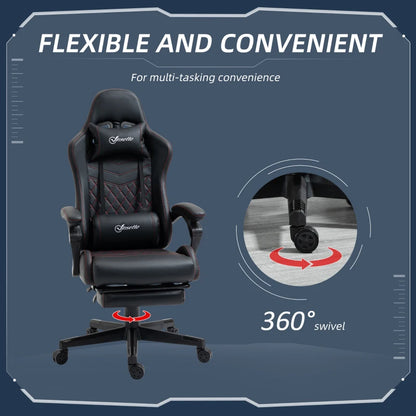 Faux Leather Recliner Racing Gaming Chair with Swivel Wheel Footrest - Black / Red Contrast Stitch