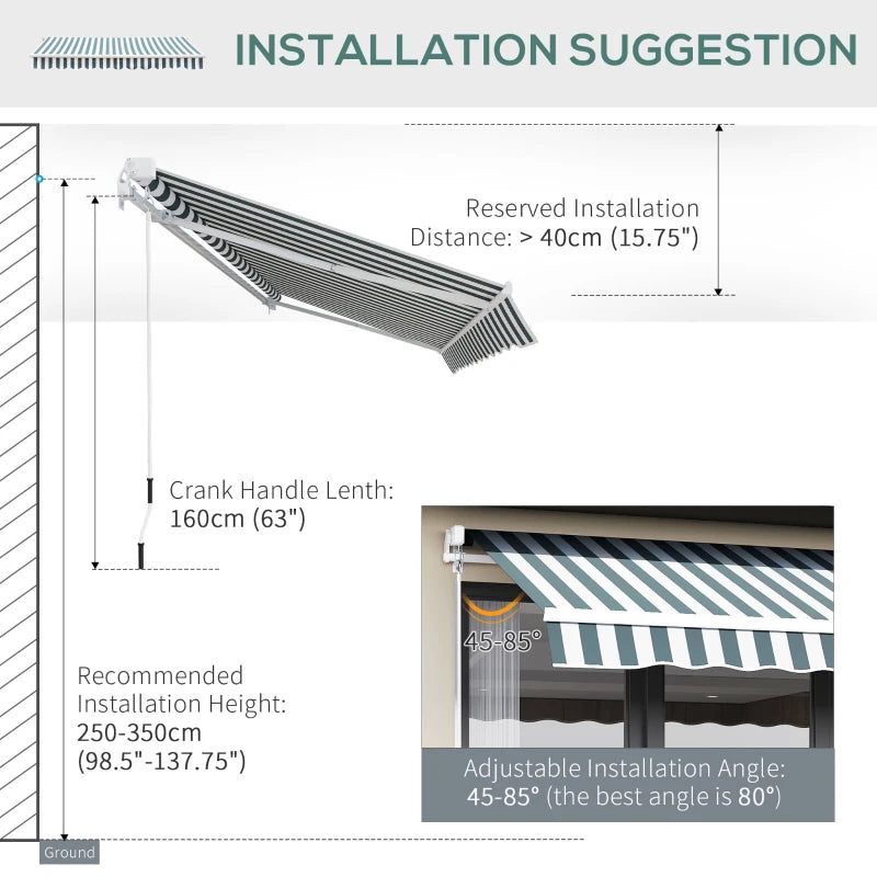 (2.5-2m) Adjustable Winding Retractable Canopy Awning - Green / White Stripe