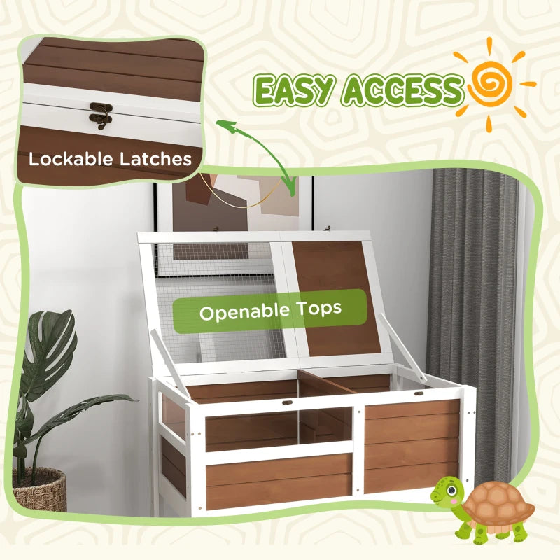 Raised Wooden Tortoise House, with Shelter, Run, Shelf and Lamp Holder - Brown / White - (lamp not included)